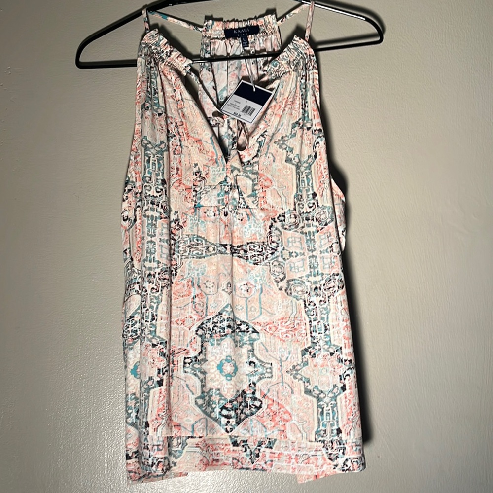 NWT Karri Blu pastel colors mandala pattern gathers at neck with tie in back L